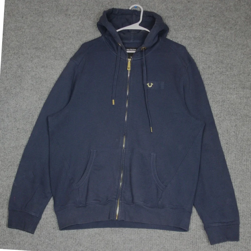 True Religion Full Zip Up Hoodie Mens XL Blue Gold‎ Logo Details